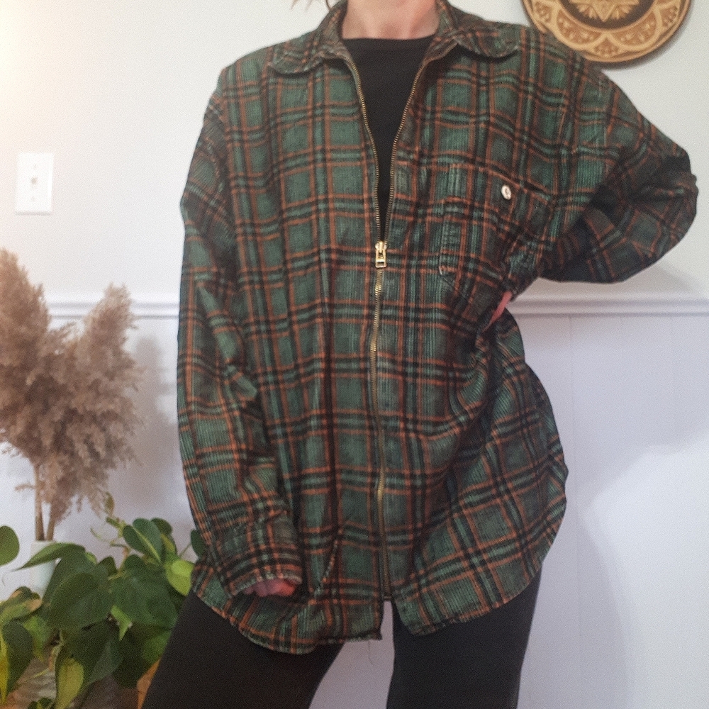 Green and orange corduroy shacket